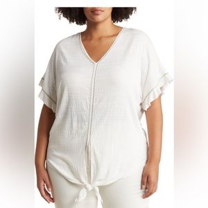 Max Studio white short sleeve tie shirt - plus size